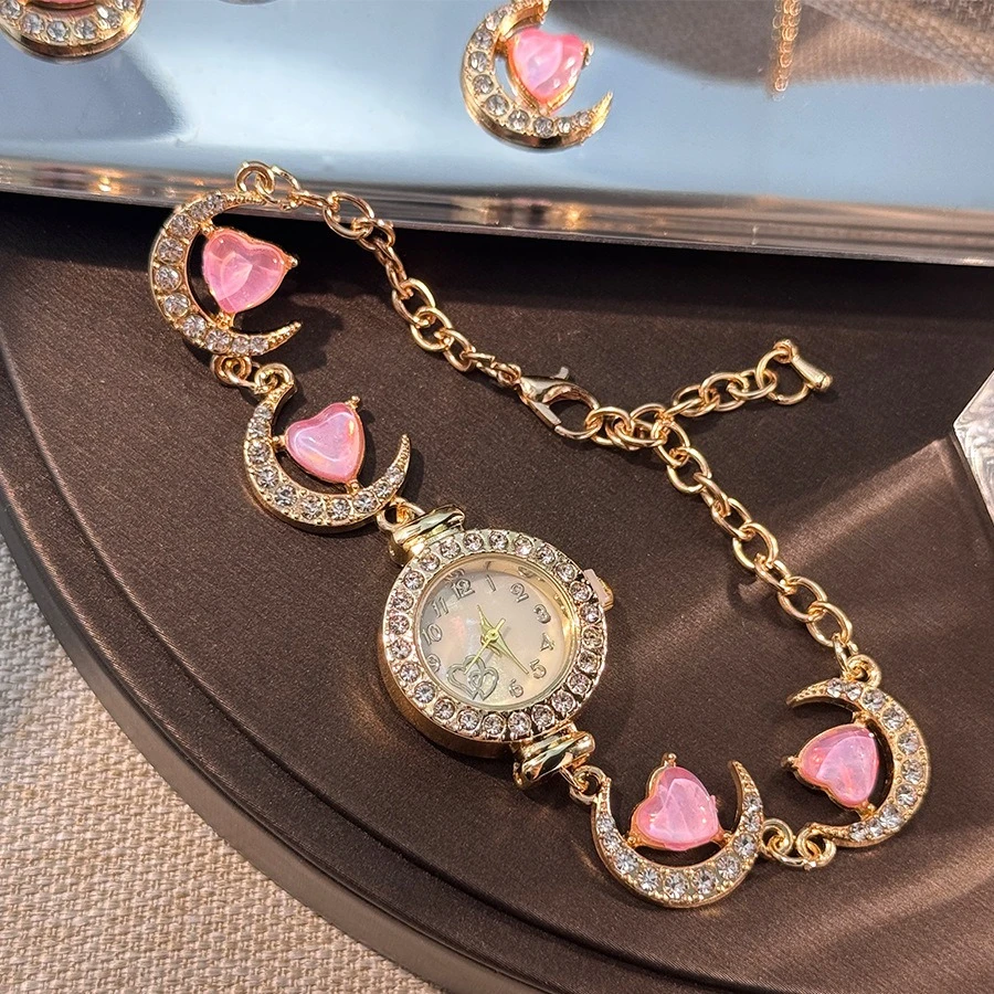 

Luxury Love Moon Jewelry Decoration Watch Earrings Necklace Quartz Watch Three Piece Set Gift שעון יד לנשים