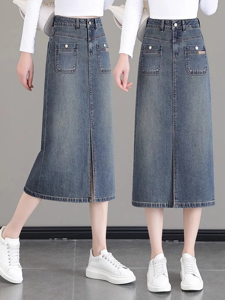 

High Waist A-Line Skirt for Women Spring Autumn 2025 New Vintage Denim Split One Step Skirt Commute Sle Midi Skirt