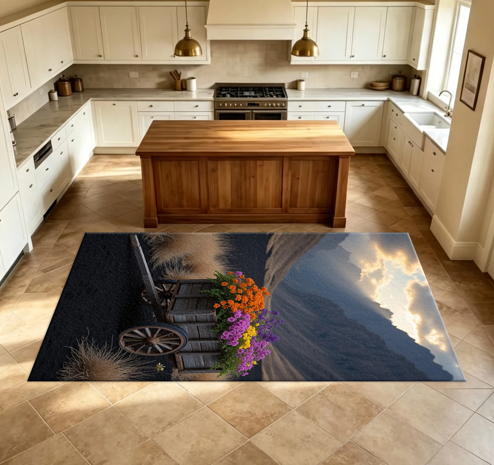 Vintage Wooden Cart Loaded with Colorful Wildflowers, Mountain Sunset Rug, Rustic Natural Landscape Mat, Suitable for Home Room Decoration