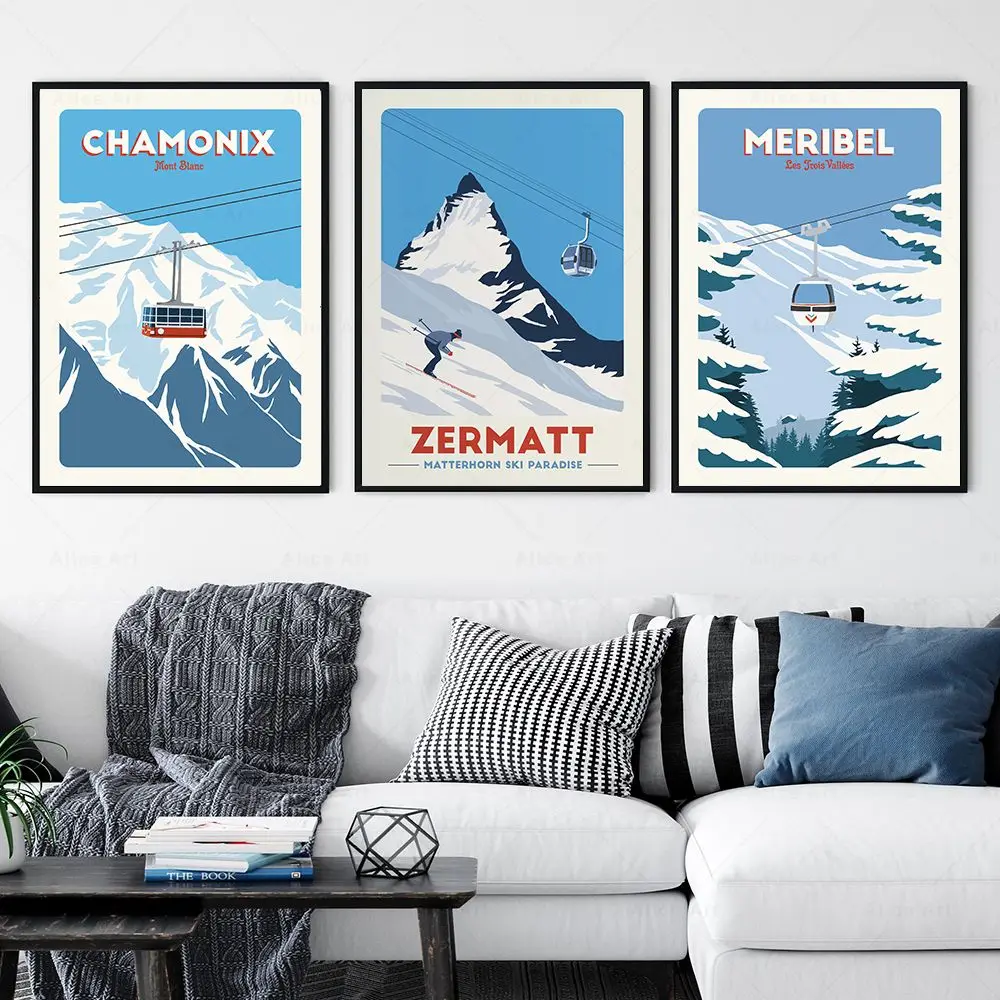 Pósteres de viaje de esquí, Resort de esquí mundial, Chamonix Zermatt Meribel, pintura en lienzo, arte de pared, imagen impresa, decoraciones para el hogar y la sala de estar