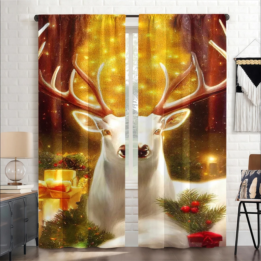 2PCS Christmas Winter Curtains, White Deer Antlers, Digital Print, Bedroom Living Room Kitchen, Rod Pocket Polyester, Home Decor