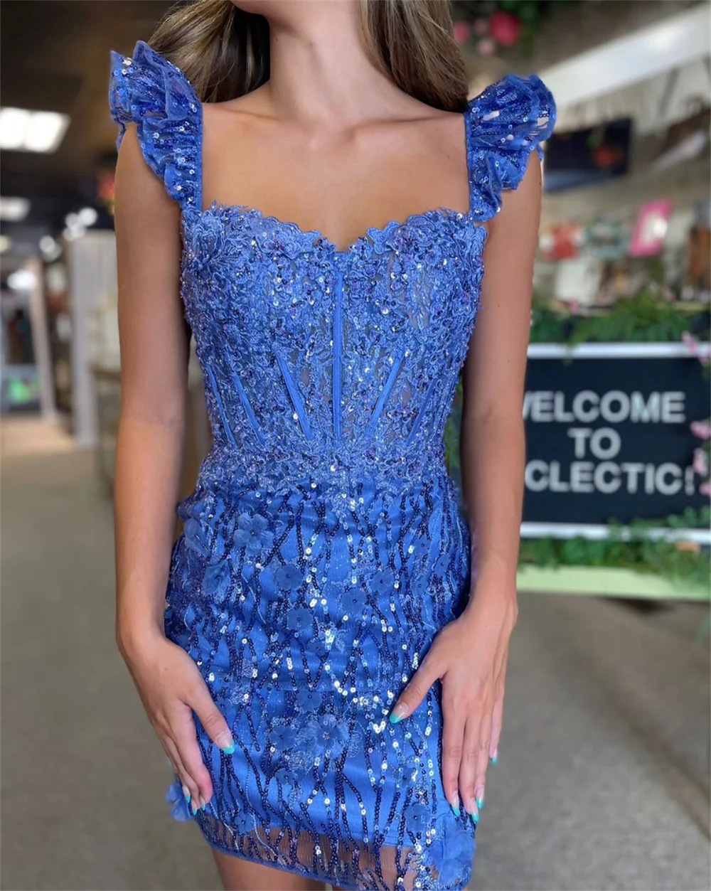 Annie-Robe de mariée brodée en dentelle scintillante, robes de Rhcorset, robe de cocktail, robe de sirène bleue, courte, féerique, éducative