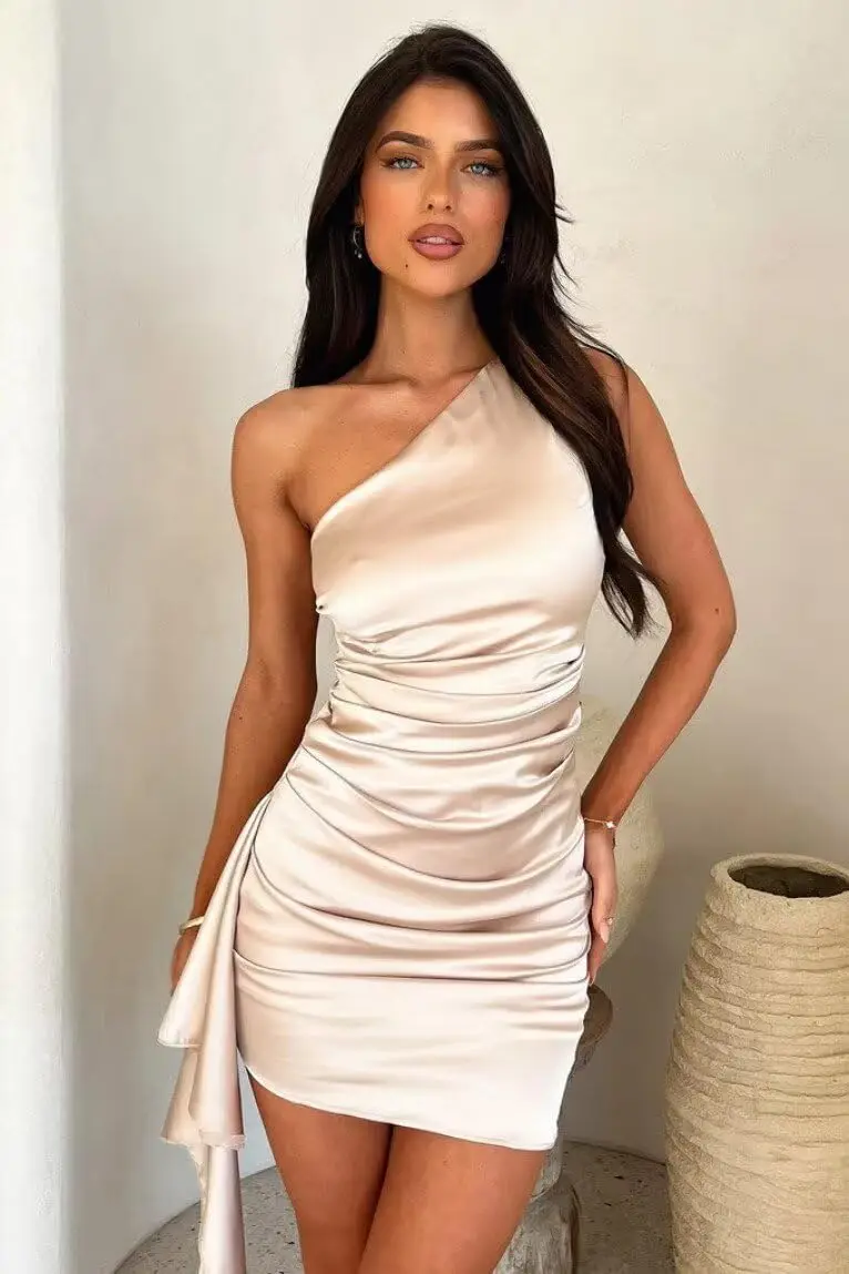 Vestidos de fiesta de satén con un hombro para adolescentes Vestido corto de fiesta de graduación de sirena