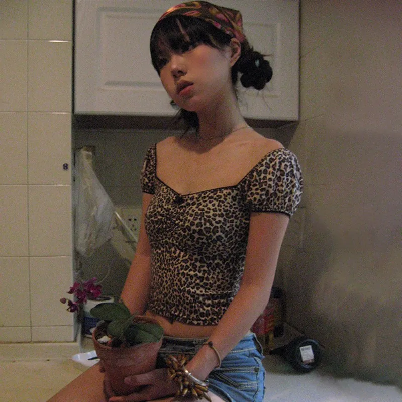 Karrram Japanese Y2k Leopard Print Tops Vintage Harajuku Short Sleeve Crop Top Trashy 2000s V-neck Lace T-shirt Coquette Korean