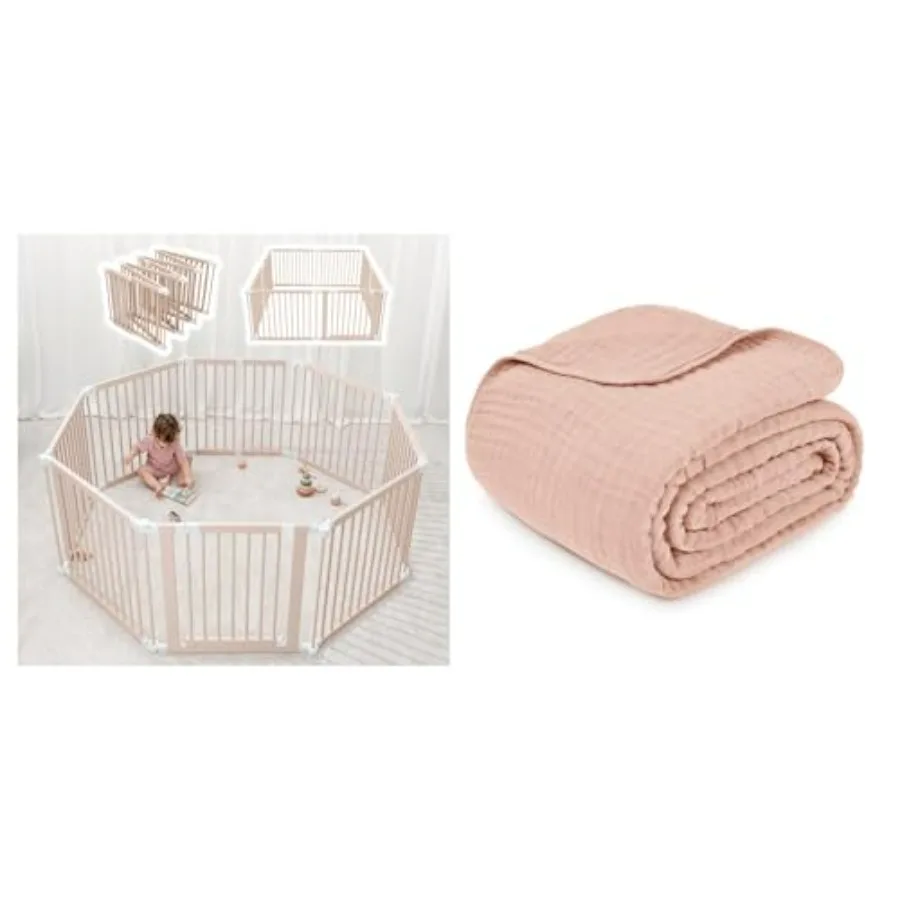 

Детский манеж-ограждение и муслиновое одеяло в комплекте для безопасных игр, из мягкой белой ткани с нежным дизайном