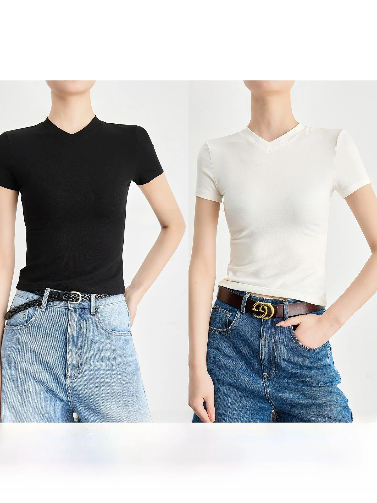 

Футболка FAESSLIN Slim Fit с V-образным вырезом и коротким рукавом, с завышенной талией, эксклюзивная модель для высоких женщин, лето 2026, в корейском стиле, из смесового хлопка