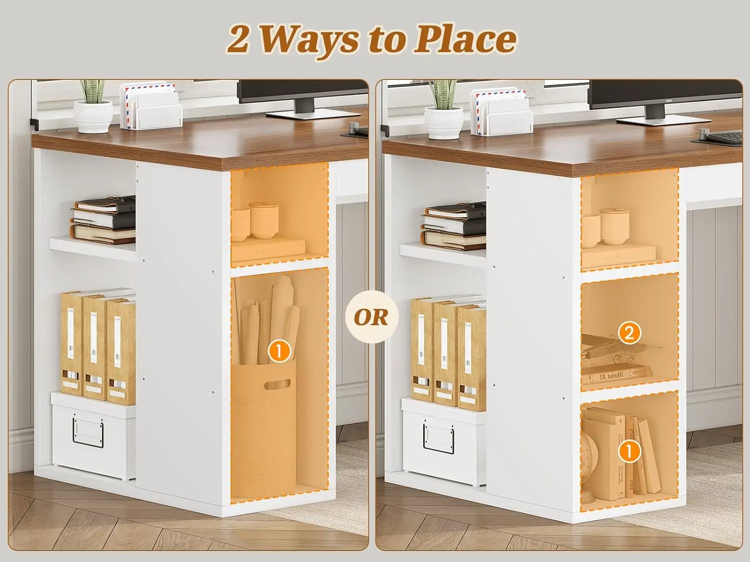 مكتب كمبيوتر مزرعة مقاس 96.5 بوصة مع أدراج، مكتب منزلي لشخصين، مكتب ألعاب مزدوج مع أرفف تخزين (أبيض وبني)