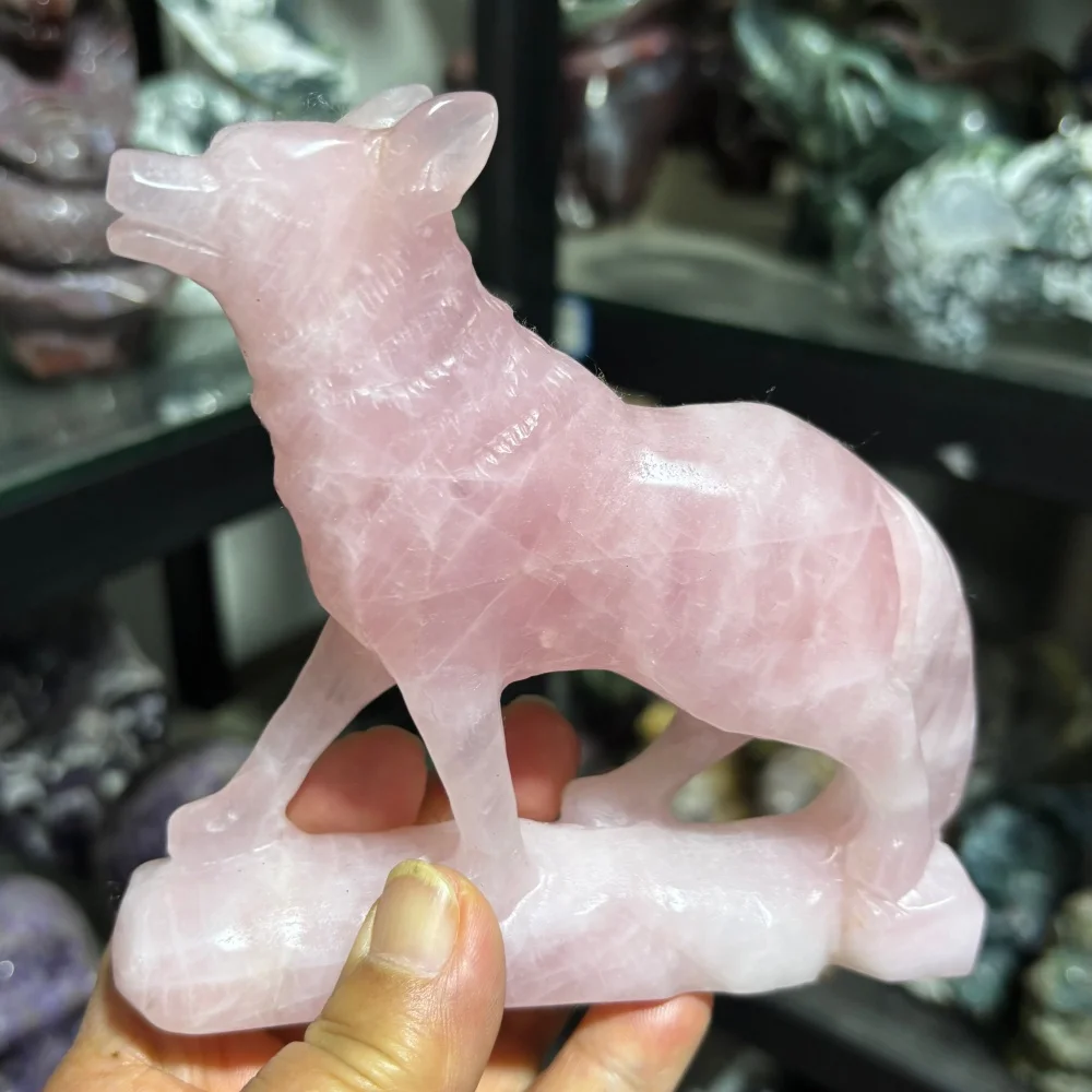 1PC Natural Rose Quartz Wolf Carving Polished Crystal Figurine Healing Energy Home Decor Animal Craft Gift