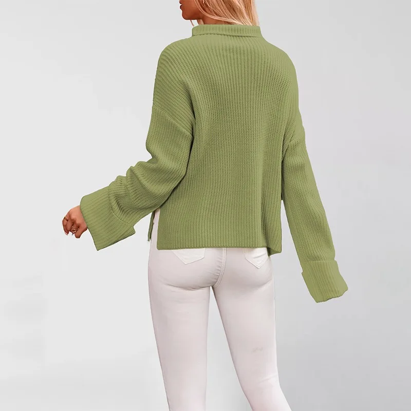 เสื้อผ้าผู้หญิง 2025 ฤดูใบไม้ร่วง/ฤดูหนาวใหม่สีดําHorn Sleeveรอบคอเสื้อแขนยาวถักเสื้อกันหนาวหนาหลวม