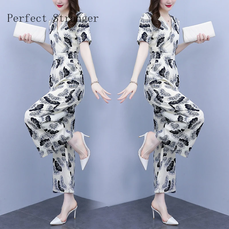 Hot Sale Women Elegant for Party 2022  Jumpsuit Short Sleeve High Waisted  Printed V Neck Long Rompers Office Overalls