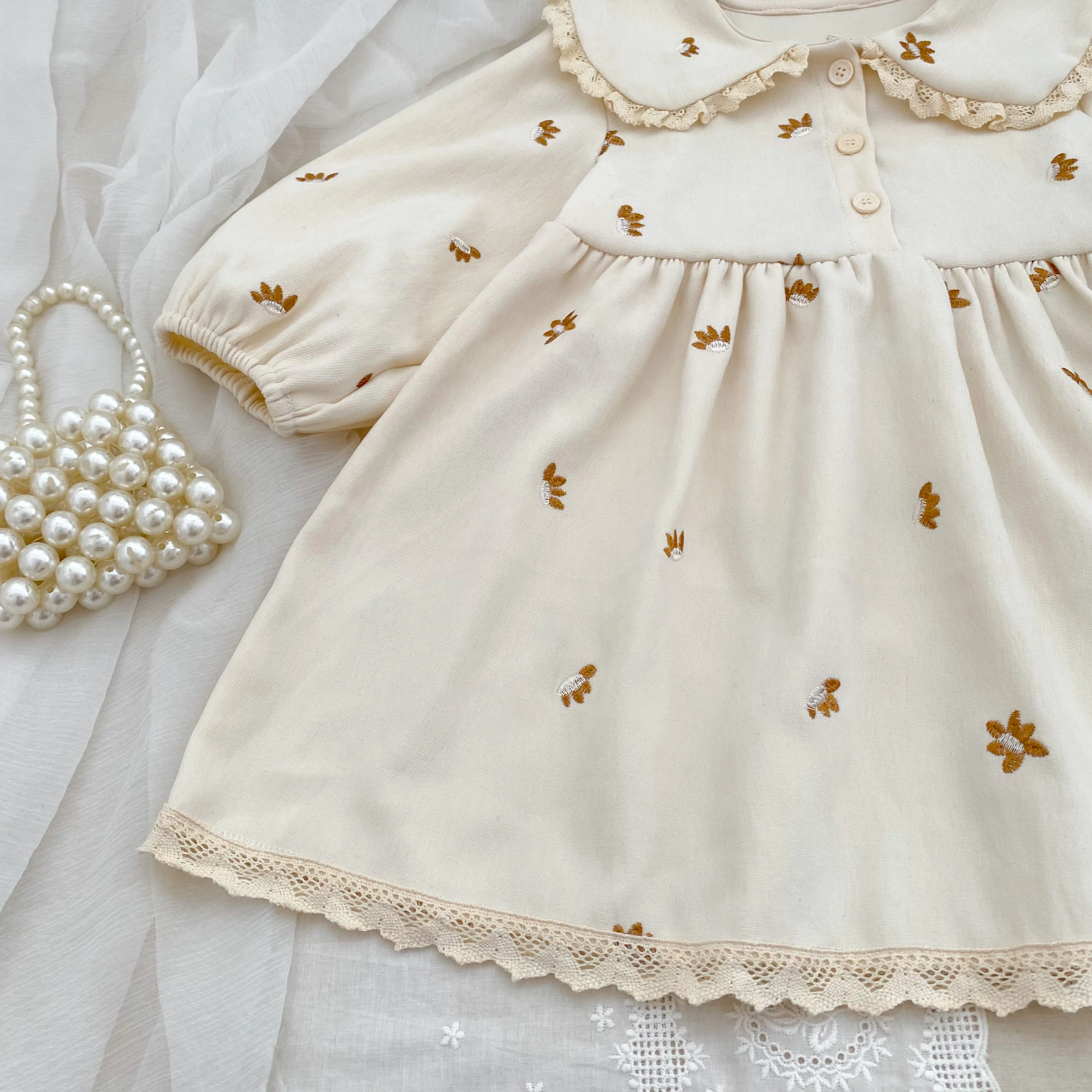 2026 Baby-Mädchen-Kleid mit langen Ärmeln, koreanischer Stil, Kragen, Spitze, Blumenstickerei, Baumwolle, Kleinkind-Prinzessinnenkleid, Herbst-Kinderkleidung – Detail 11