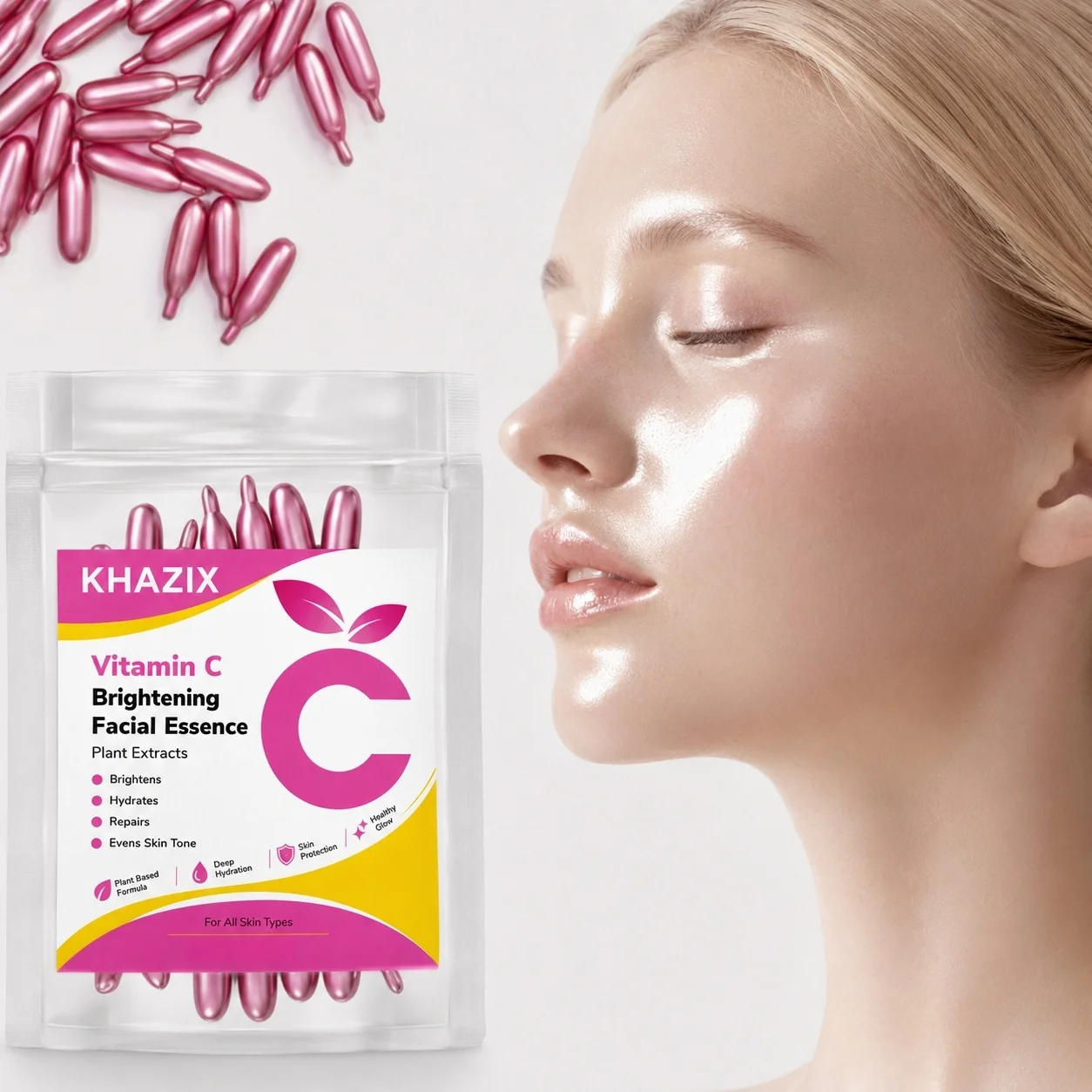 Sérum Facial Hidratante Profundo KHAZIX com Vitamina C, Vitamina E, Esqualano e Óleo de Jojoba para uma Pele Suave, Macia e com Aparência Uniforme.