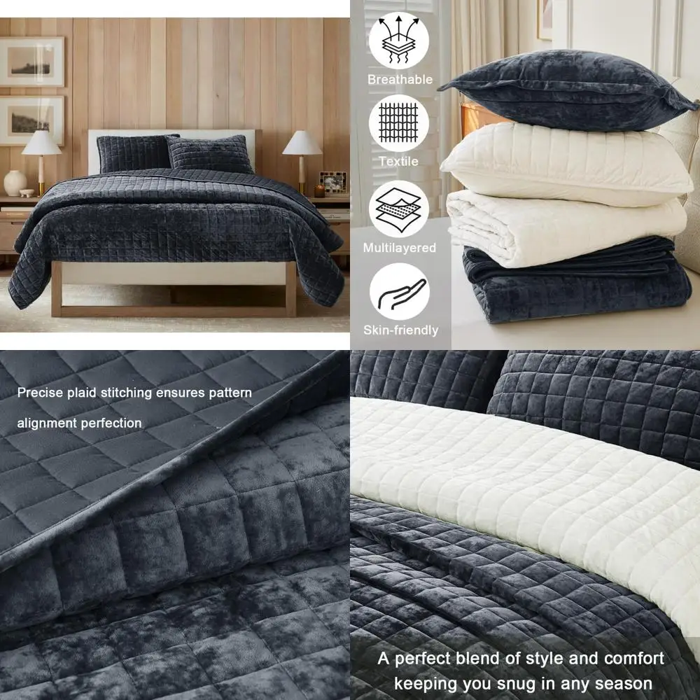 

California King Size Luxurious Velvet Quilt Set with Ultra Soft Bedding and 2 Matching Pillow Shams