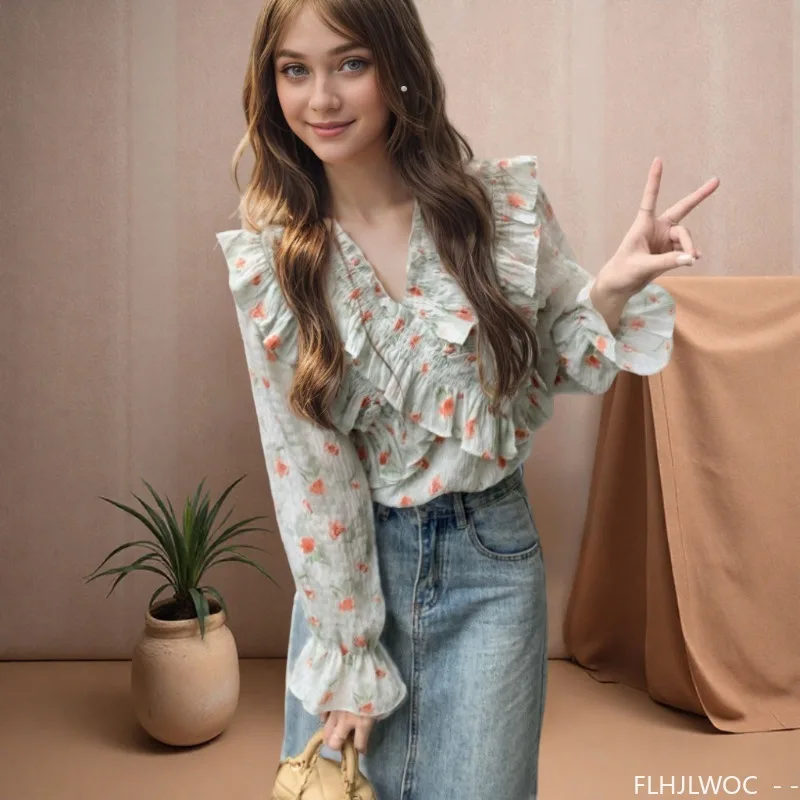 

2025 Summer Cute Sweet Japan Style Retro Vintage Shirts Blouses Women Floral Print Green Ruffles Top Korea Chic Fashion Clothes