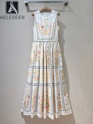 AELESEEN Runway Fashion Summer Dress Women Sleeveless Flower Print Elegant High Street Long Party Holiday Tank Vestidos