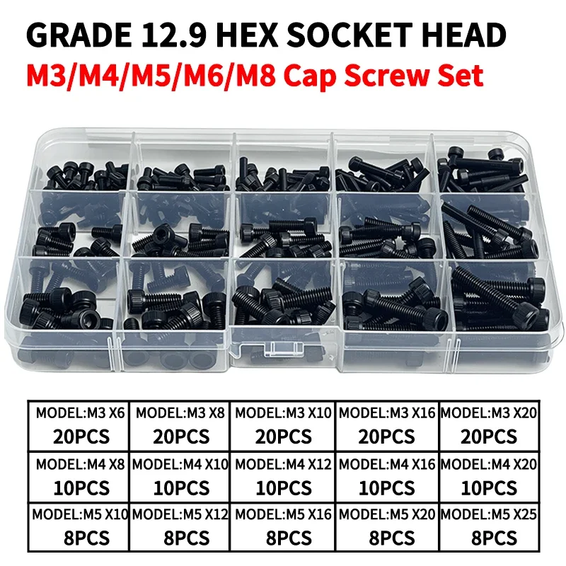 

Grade 12.9 Carbon Steel Socket Head Cap Screws Assortment Kit - M3 M4 M5 M6 M8 - High Tensile Rust Resistant Hex Key Bolts