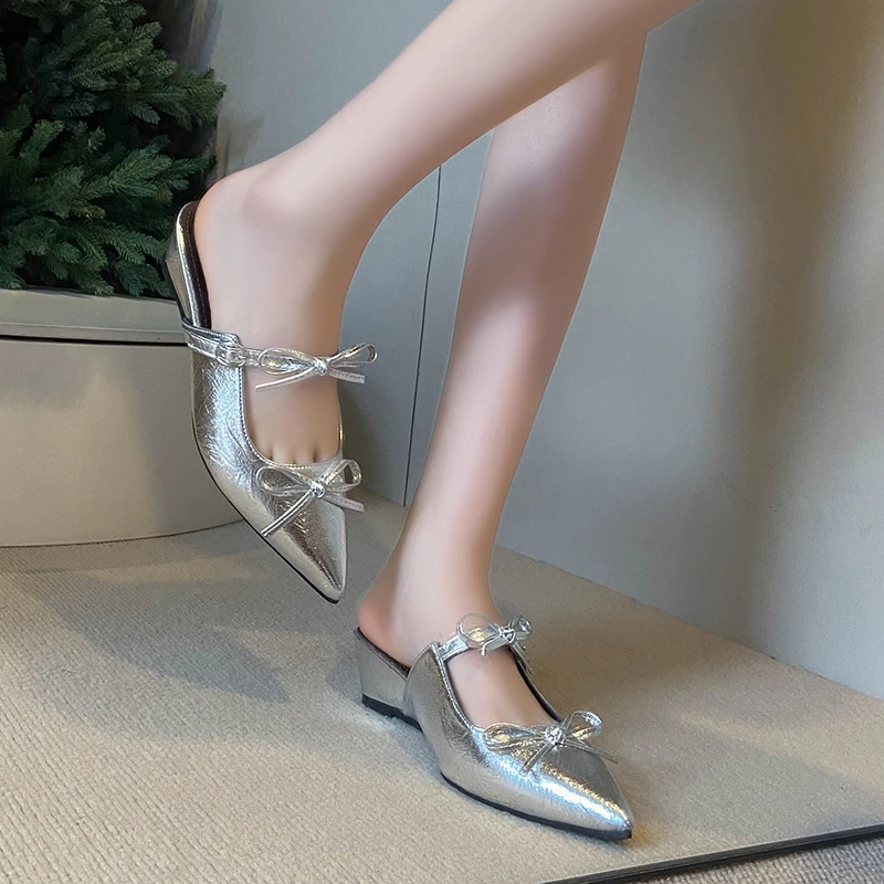 

Pointed Shallow Mouth Bow Slope Heel Shoes Fashion Bow Soft Bottom Non-slip High-heeled Slippers