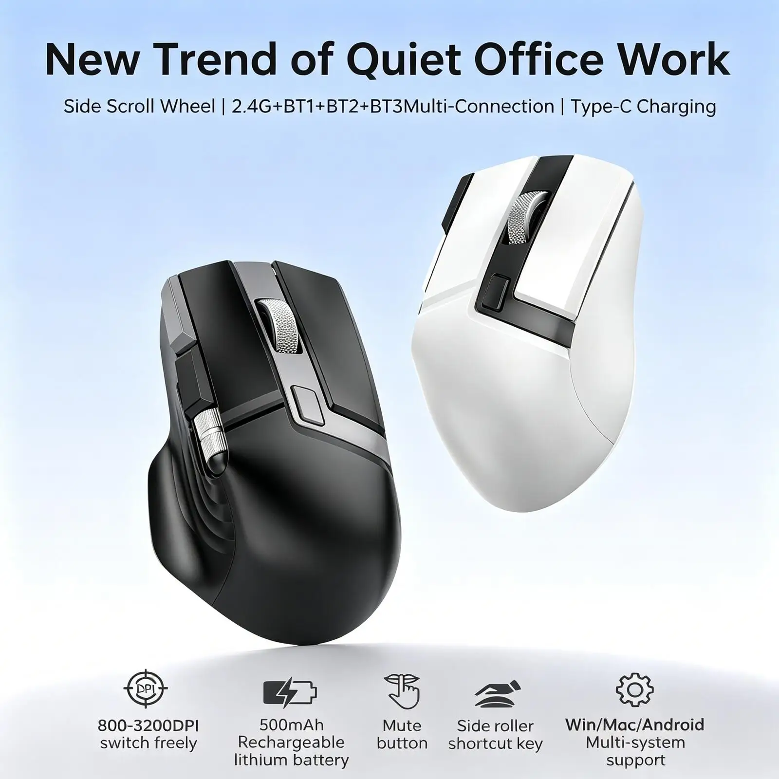 

Dual-Mode Wireless Mouse 2.4G+BT Type-C Rechargeable Silent Ergonomic Mouse with Side Scroll Wheel for PC Laptop Tablet Office