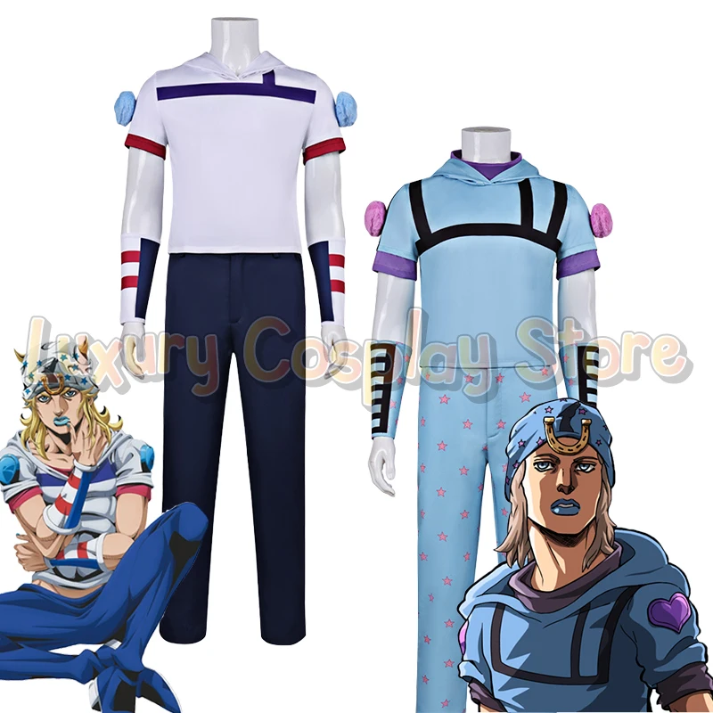

Anime JoJo Adventure Steel Ball Run Jonathan Johnny Joestar Cosplay Costume White Blue Suit Halloween Party Comic Con Outfit