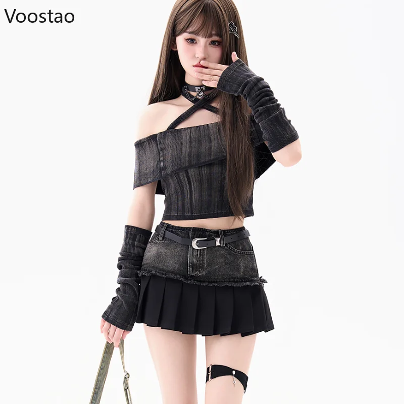 

Gothic Y2k 2 Piece Set Women Vintage Off Shoulder Slash Neck Blouse Tops With Oversleeve Mini Pleated Skirt Suit Female Outfits