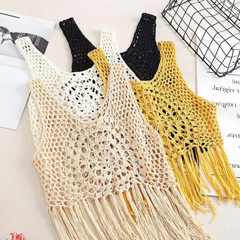 Boring Honey Thai Style Boho Vest Top Women's Vintage Hollow Out Ethnic Crochet Crop Top with Tassels Summer Vacation Beach Wear
