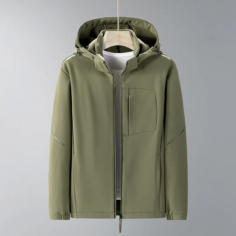 Autumn Men's Jacket New Solid Color Chest Zipper Pocket Design Outdoor Travel Hooded Waterproof Soft Shell Coat Men's Large Coat