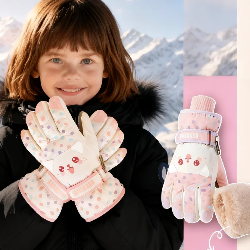 

7-12 years old winter outdoor cycling and skiing fleece-lined anti-slip cute cartoon girls' gloves