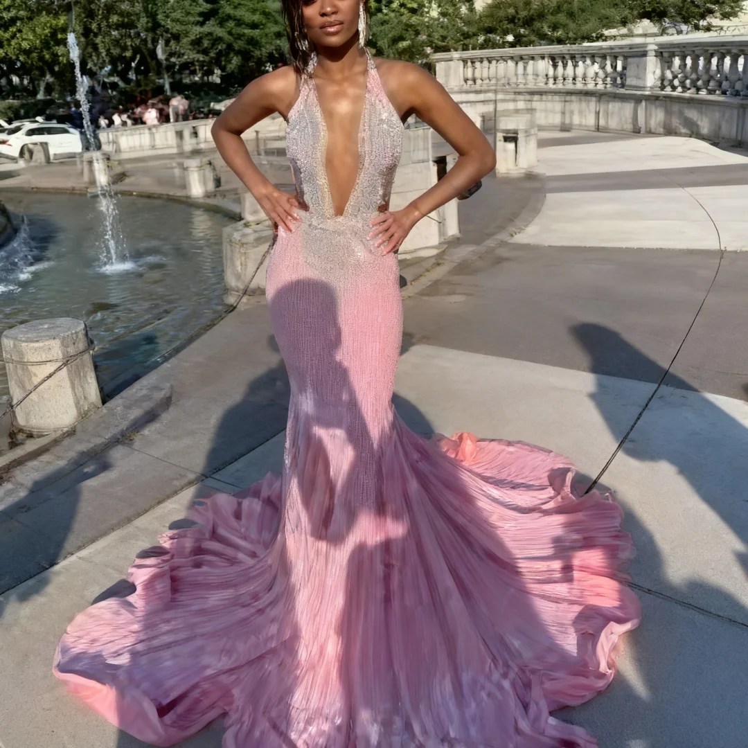 

Customized Pink Halter Evening Dress Bead Crystal formal evening dresses birthday party prom gowns for women