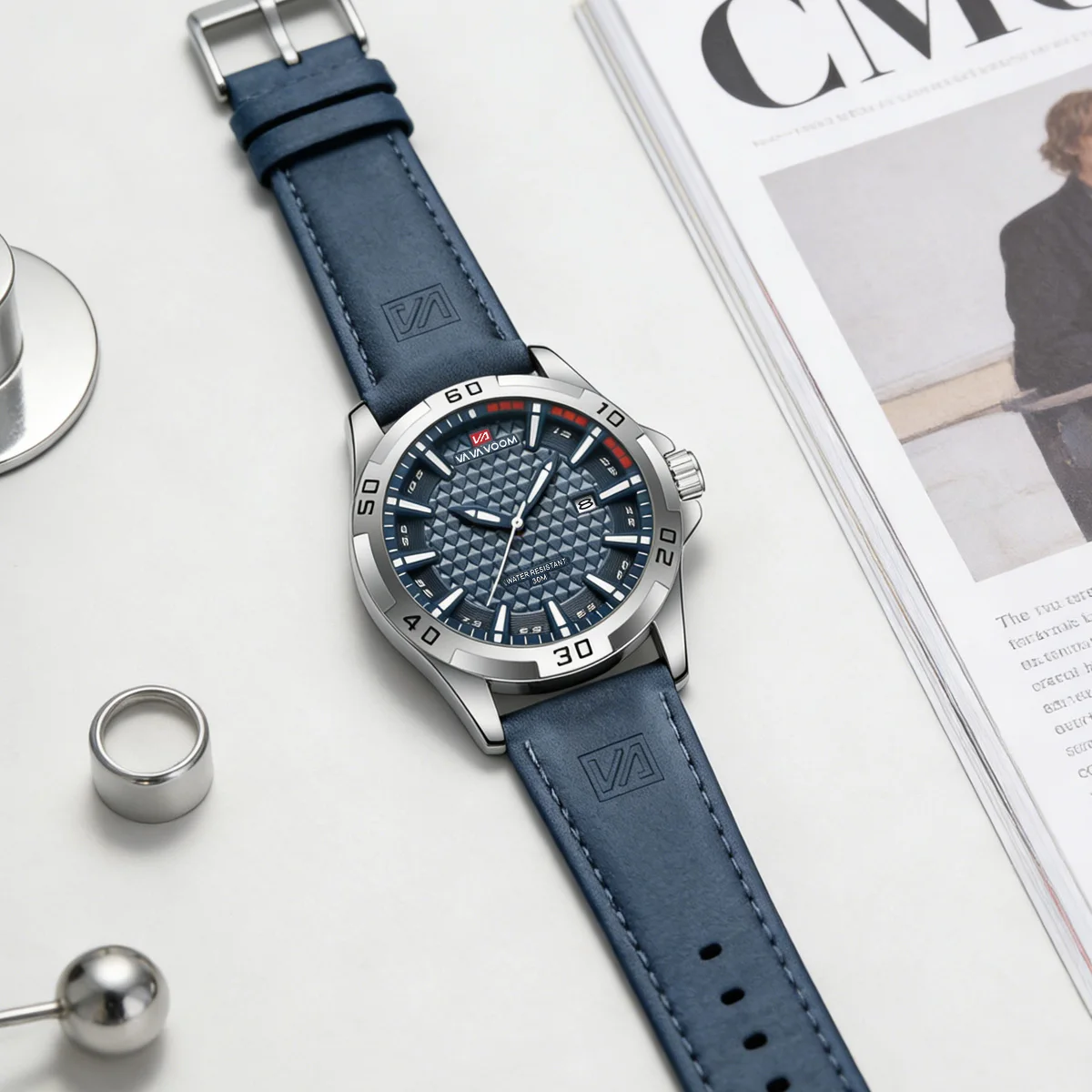 Men Watch 45mm Silver Circle Quartz Calendar Leather Clock Wear Sports Fashion 3Bar Waterproof Simulated Men Watch reloj hombre
