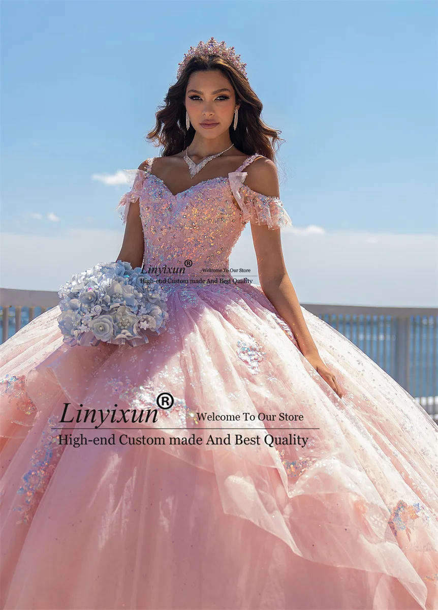 Pink Princess Sweet 16 Quinceañera Dresses Beaded Crystals Appliques Pearls Vestido De 15 Anos  Mexi Custom Ball Gown