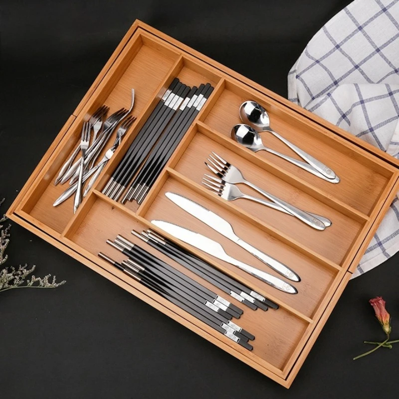 Household knives and forks storage, kitchen drawers with built-in partition boxes, bamboo and wood kitchen utensils