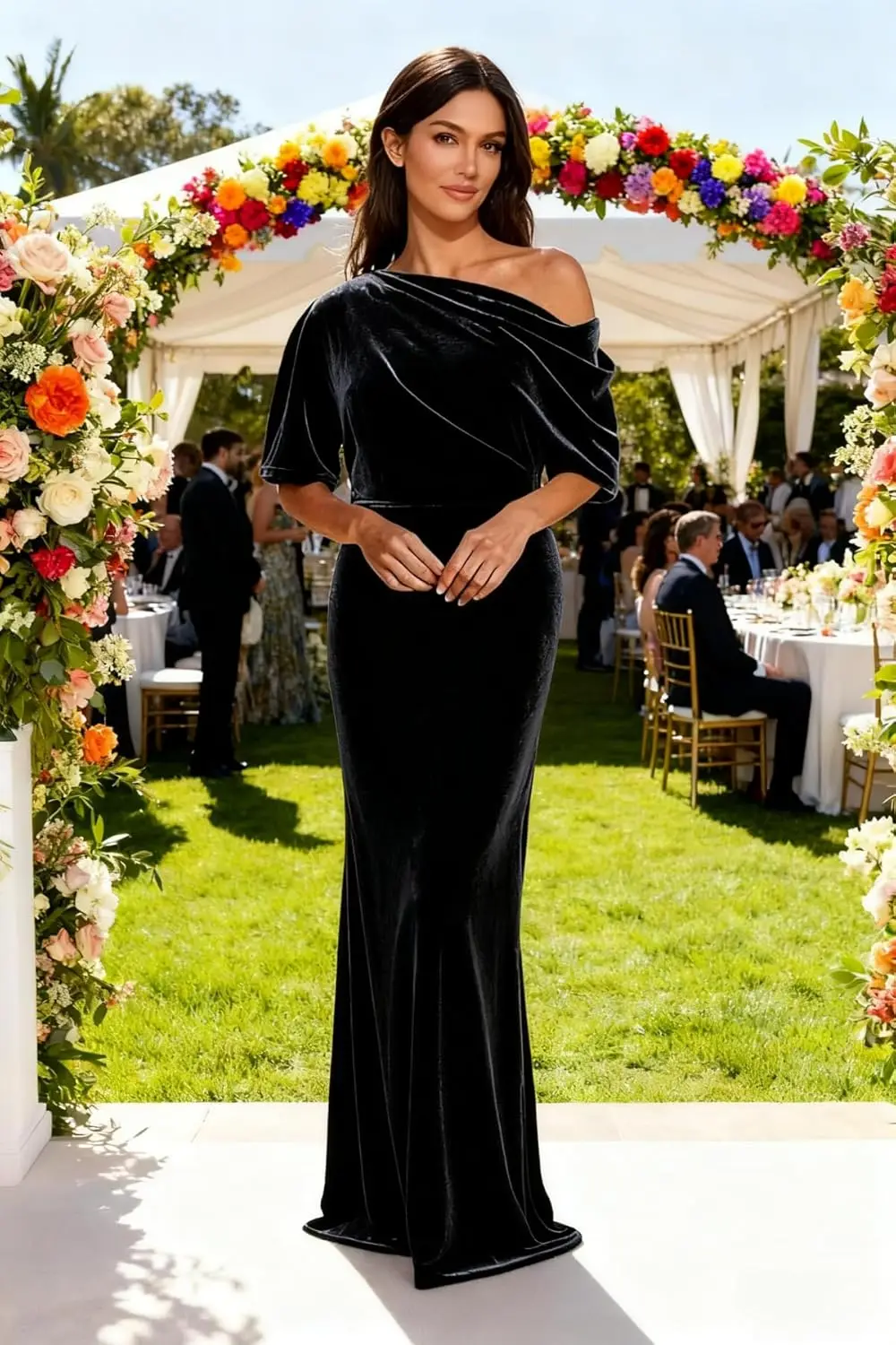 

One Shoulder Velvet Formal Wedding Guest Dress with Half Sleeves Long Mother of Bride Dresses Winter
