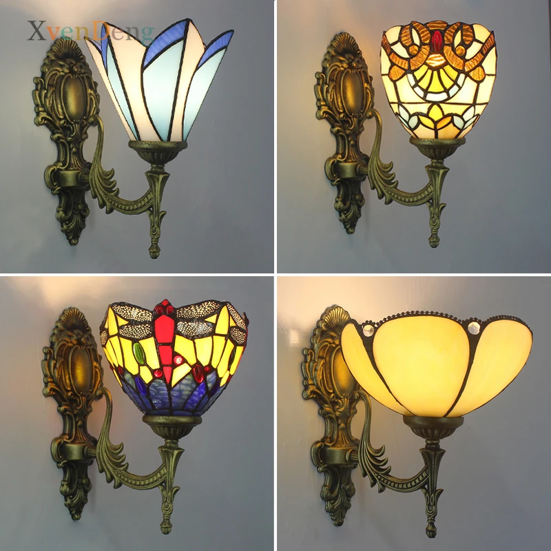 

Tiffany Stained Glass Wall Lamps for Bedroom Dining Room Bar Living Room Decor Mediterranean Retro Iron LED Wall Light Fixtures