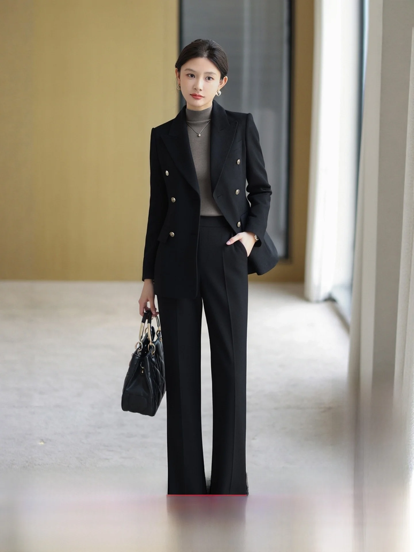 

High-End Autumn Winter Bla 00 Woolen Suit Set Women's Slimming Thiened Busin Profional Western Wear Commute Interview