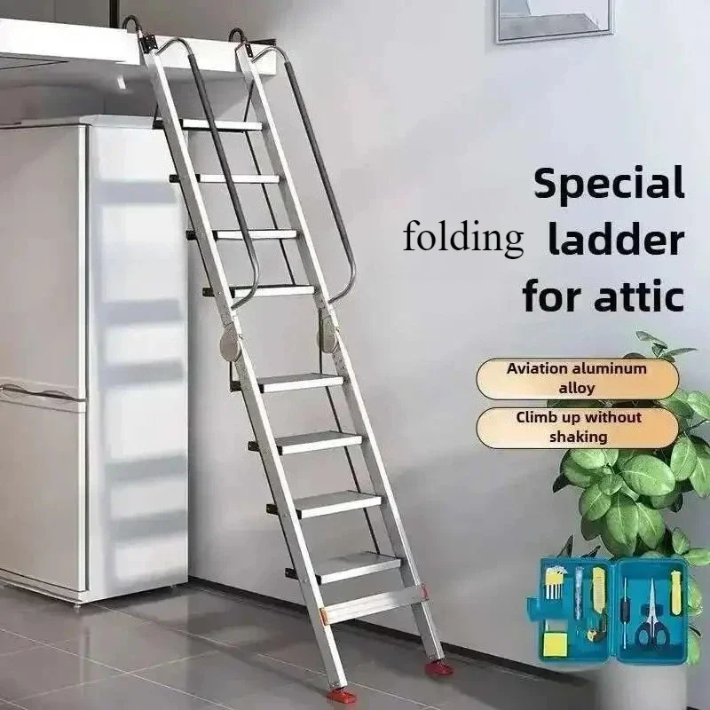Aluminum Alloy Folding Attic Ladder Home Telescopic Thickened Herringbone Ladder Multi-functional with Handrail Staircase