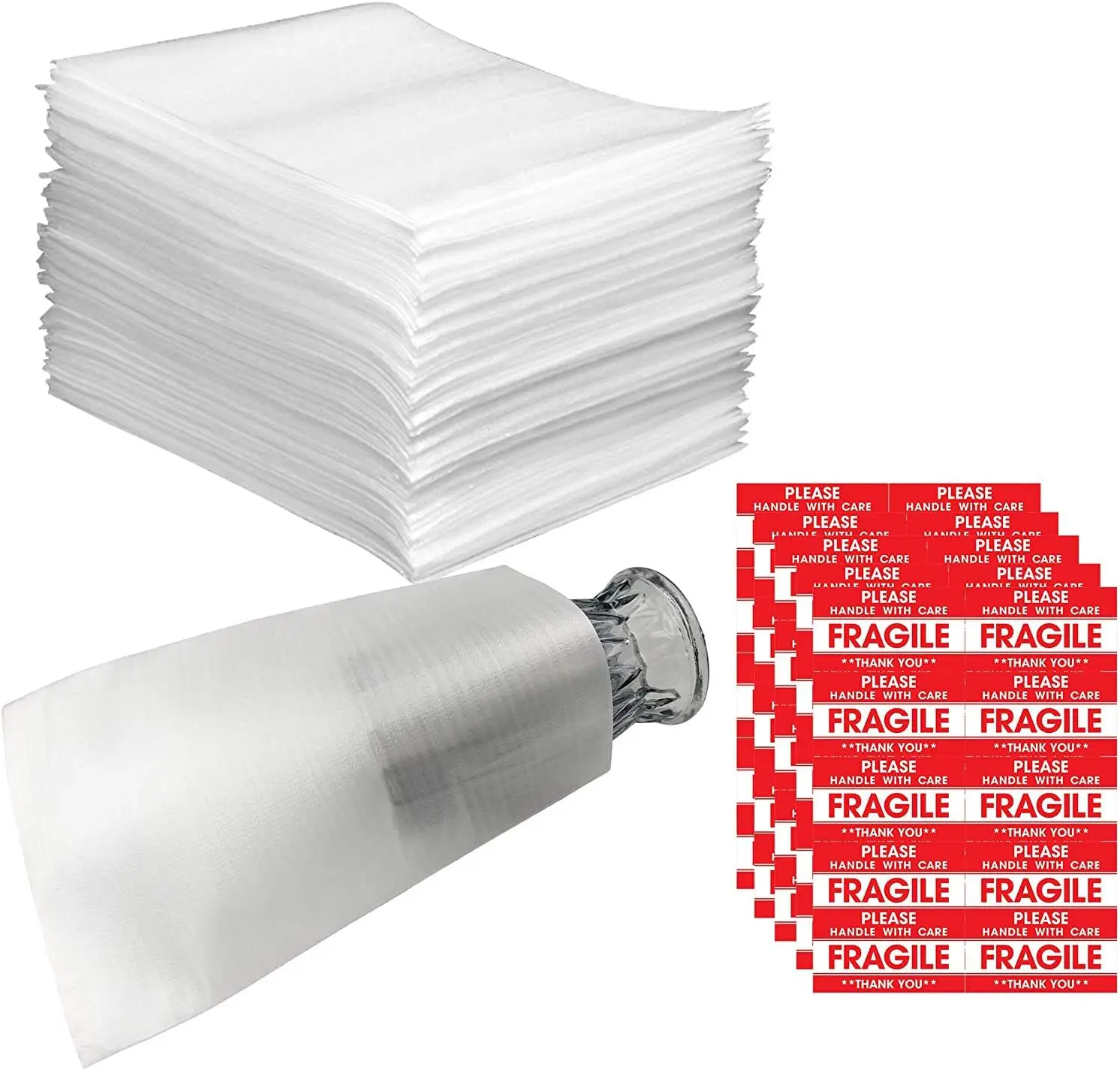 

100 PCS 7.8"x12.2" Foam Wrap Cushion Pouches 0.75mm Thick with 10 Pack Fragile Stickers Labels Protect Dishes Glasses for Moving