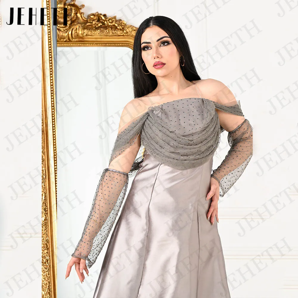 JEHETH فساتين السهرة Strapless Satin Evening Dresses Dubai A Line Long Sleeves Arabic Off Shoulder Prom Gown Formal Backless