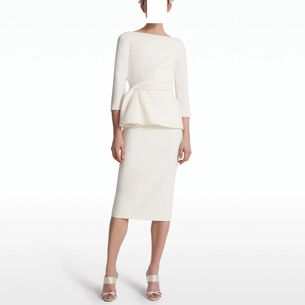 

Customized3/4 Sleeves Solid Color Classic Wedding Dress Pleats Zipper Back Jersey Boat Neck Tea Length Straight Custom Size Bri