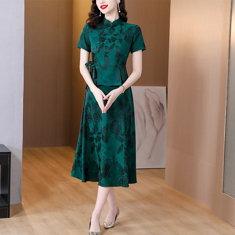 

Summer New Fashion Silk Embroidery Vintage Midi Dress 2024 Print Elegant Casual Evening Dress Women Bodycon Pretty Vintage Dress