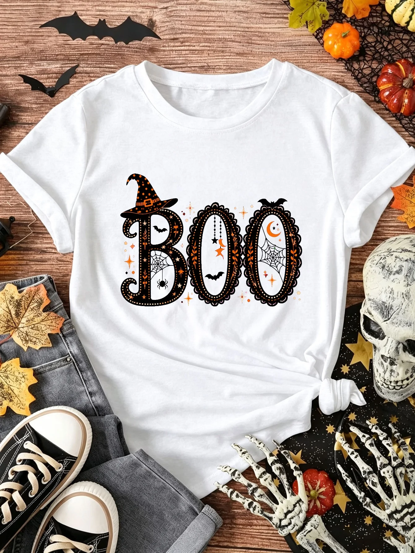 Women's Halloween TShirt Boo Graphic Print Round Neck Short Sleeve T Shirt Casual Fun Holiday Tees Tops Y2k Clothes Female Gife