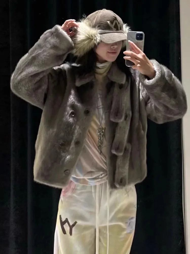 Casual Fur Coat Women's ort Plu Button up Collar Vintage Sle Artificial Hair Warmth Long Sve Stand Fit Straight Hem