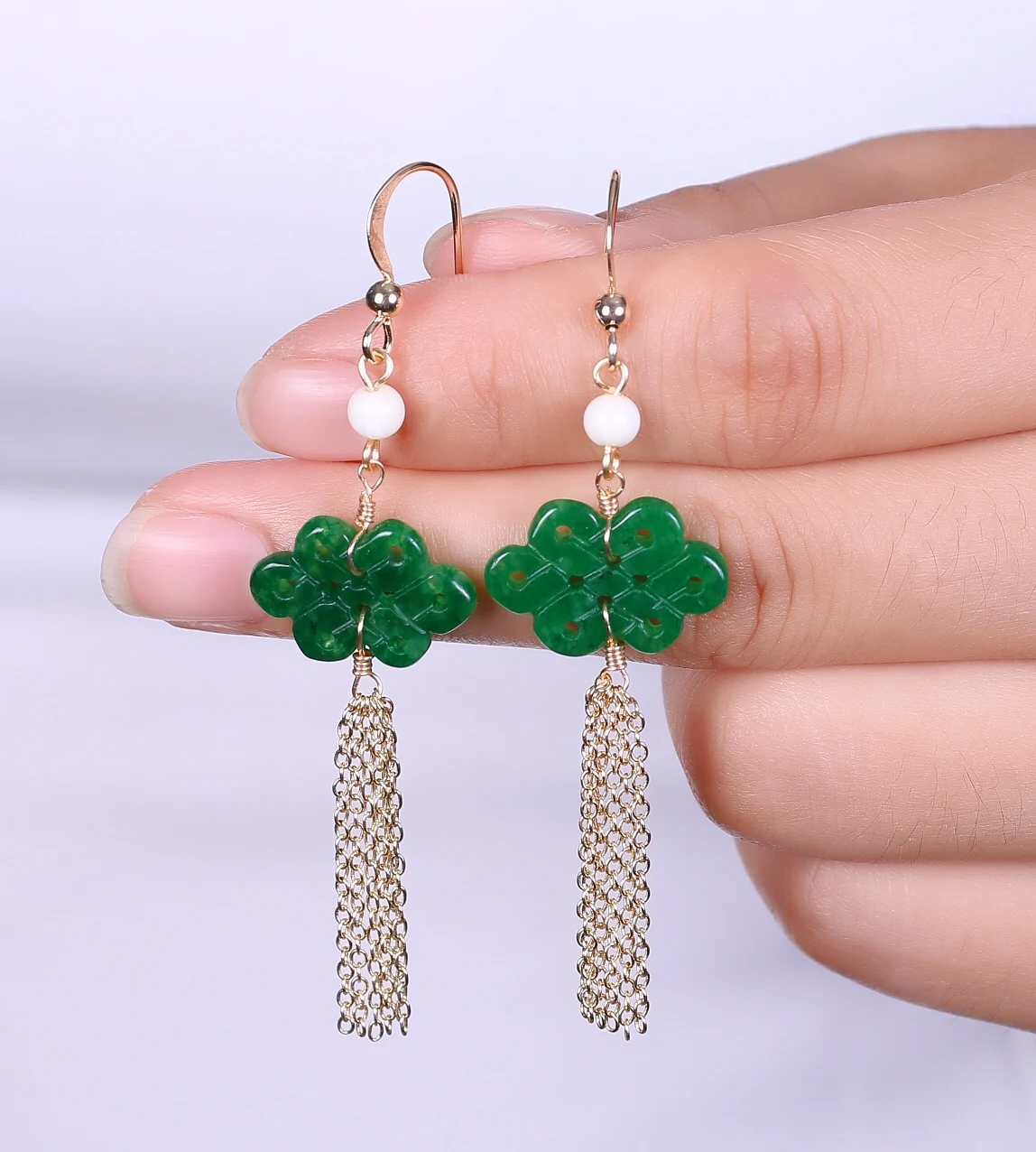 1Pcs/Lot Natural Jadeite Dry Sapphire Chinese Knot Tassel Earrings 14K Gold Hook Women's Jewelry Voor Vrouwen Kolczyki Damskie