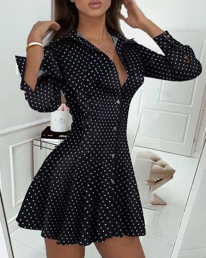 

Womens Dresses 2025 Spring New Fashion Polka Dot Print Button Front Turn-Down Collar Long Sleeve Casual Daily Mini Shirt Dress