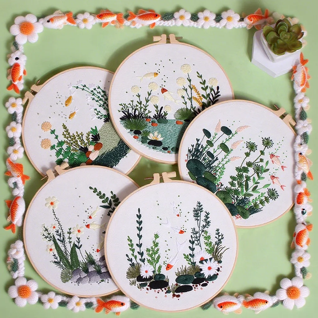 

DIY Handmade Embroidery Kit With Hoop Freshwater Plants Small Fish Sea Theme Cross Stitch Complete Craft Supplies For Beginner