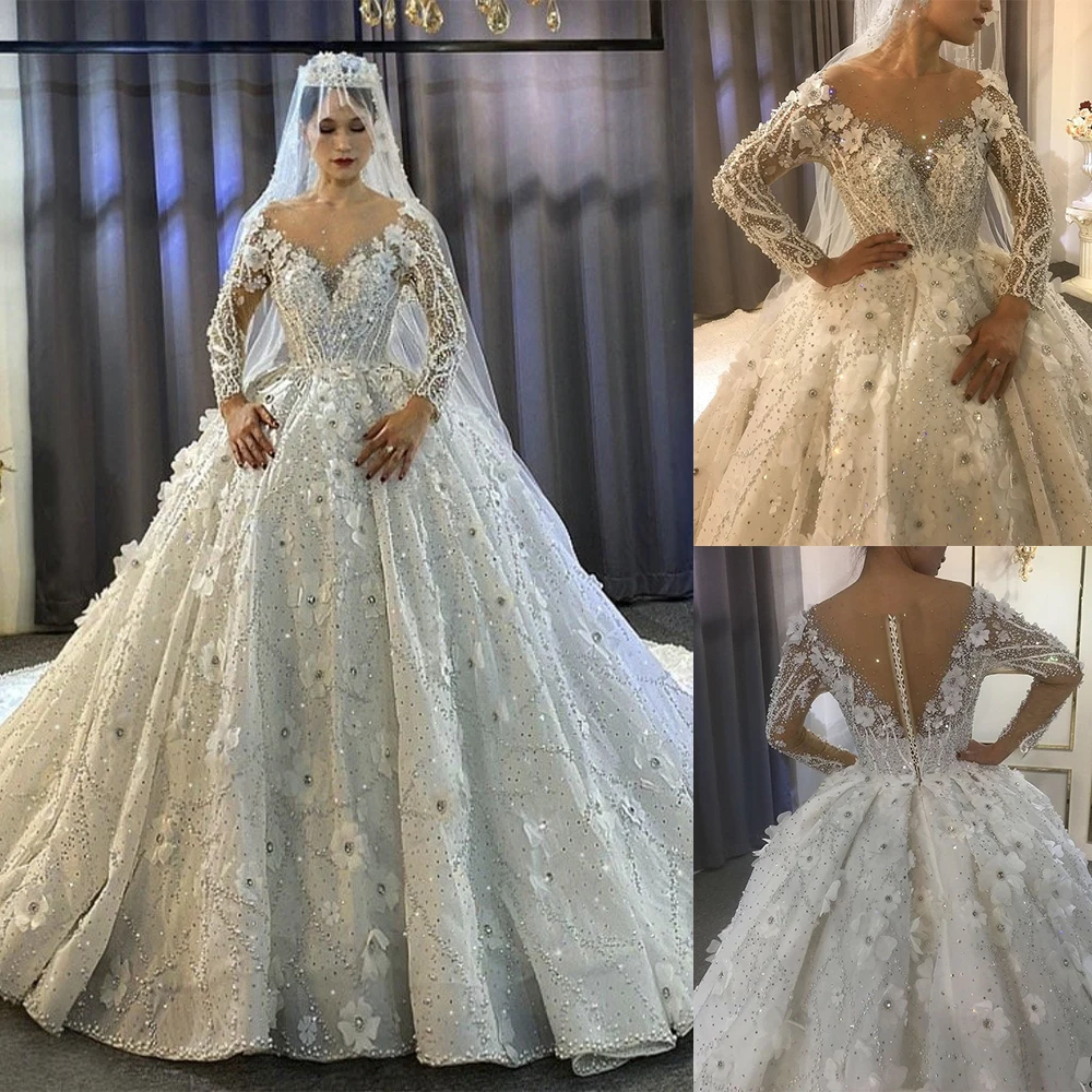 Gorgeous Wedding Dress For Women Appliques Beads Rhinestone Bridal Gown Court Train O-Neck Long Sleeves Dresses Customized