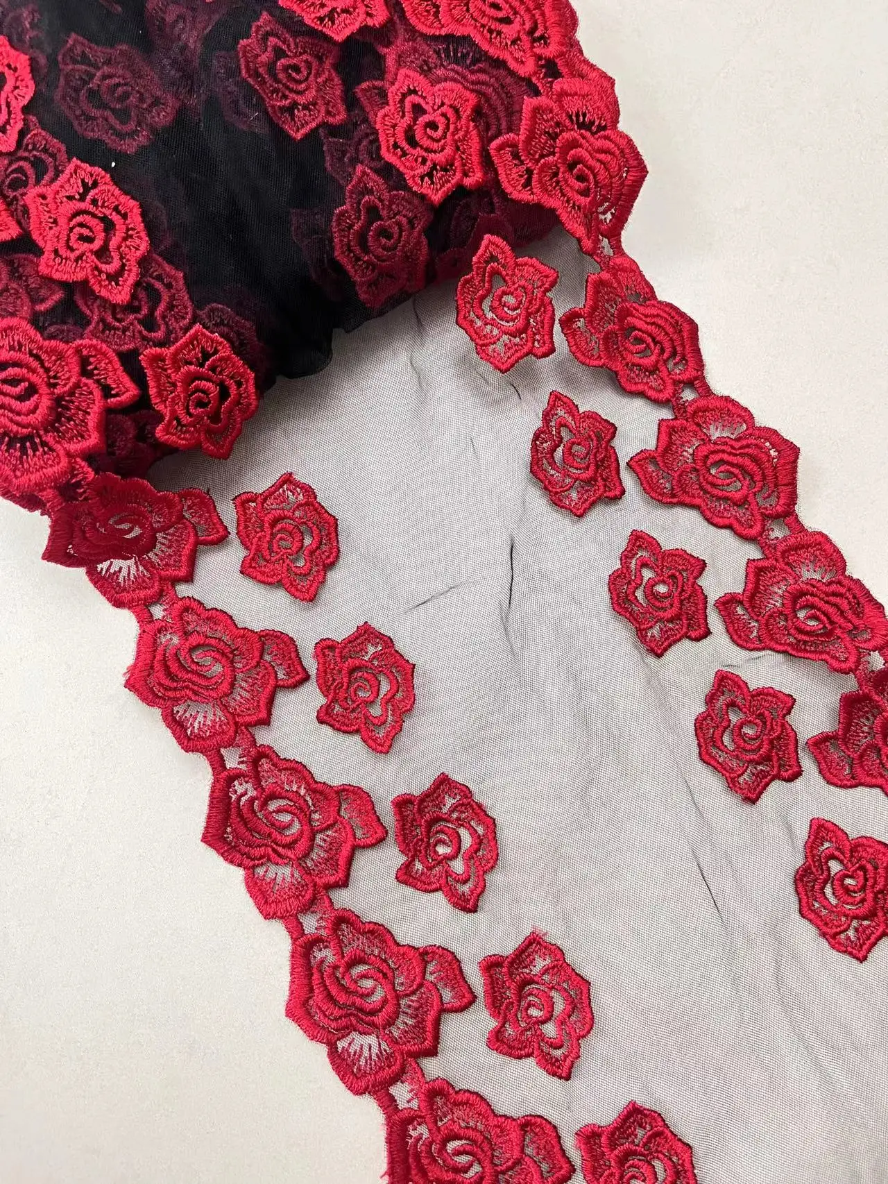 2 Yards Black Mesh Red Rose Embroidery Bilateral Lace Trim Fabric Garment Bra Underwear Lingerie Sewing Trimmings Sleeve