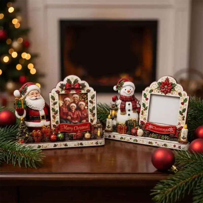 E8BD Christmas 2D Santa Snowman Tabletop Picture Frame with a Layer Wooden Frame