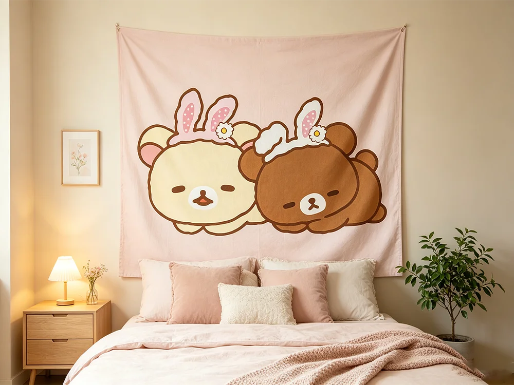 Pastel Pink Cute Cartoon Bear Wall Hanging Tapestry