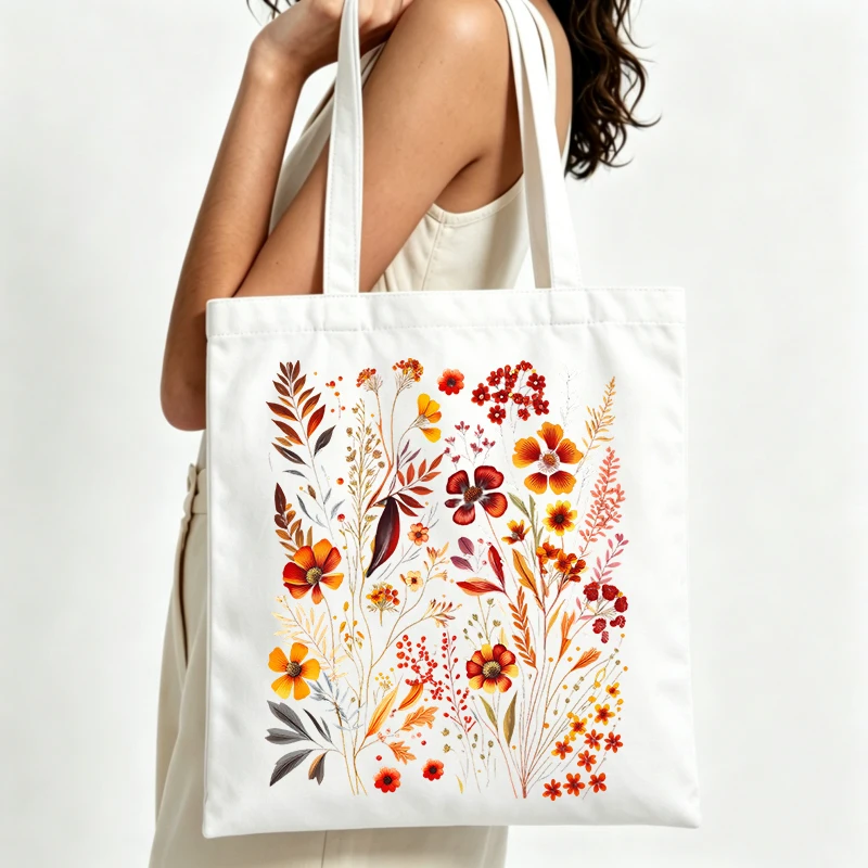 autumn floral canvas tote bag with artistic wildflower print, ideal for casual daily use and seasonal outings
