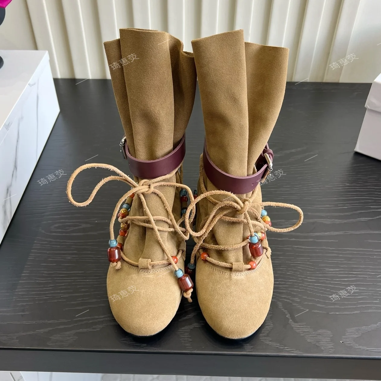 2026 Retro Bohemian-Style Flat Ankle Boots With Tassels Lace-Up Straps And Beaded Details in Brown — Cozy Western Fashion Boot
